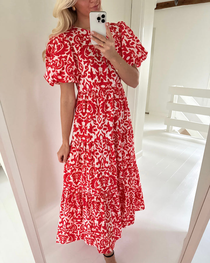 Y.A.S kjole greena ss ankle star white greena/cherry tomato