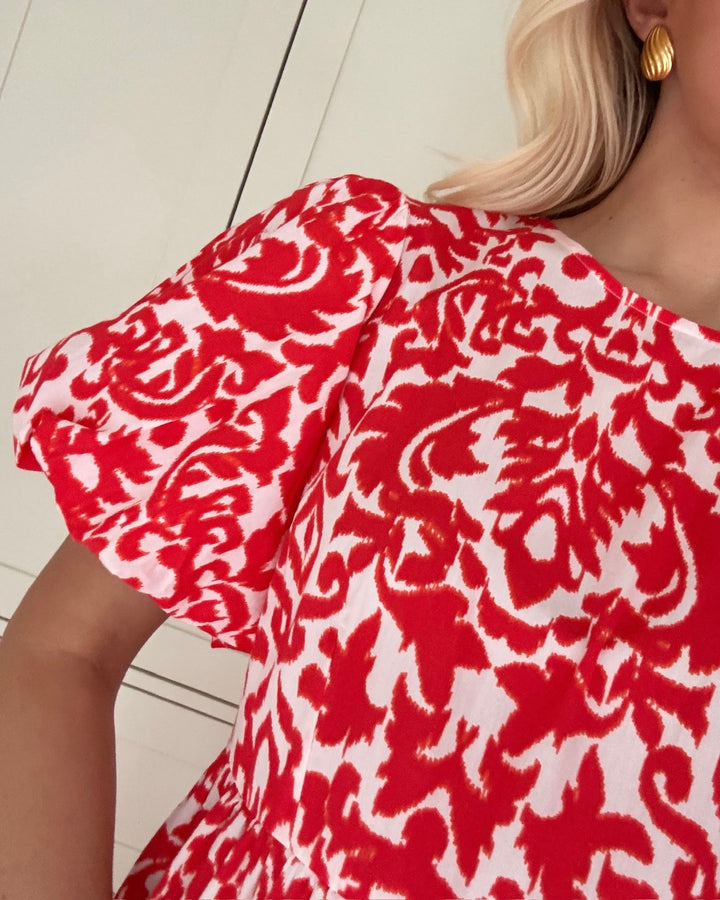 Y.A.S kjole greena ss ankle star white greena/cherry tomato