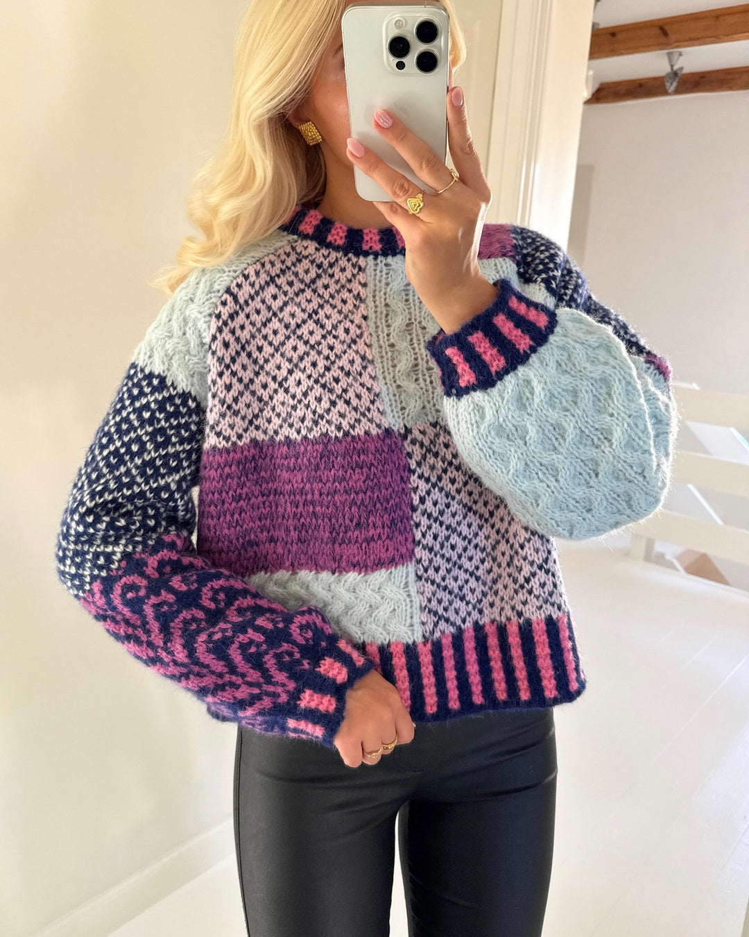 Pieces striktrøje fusion ls o-neck knit sachet pink blue and purple colorblock