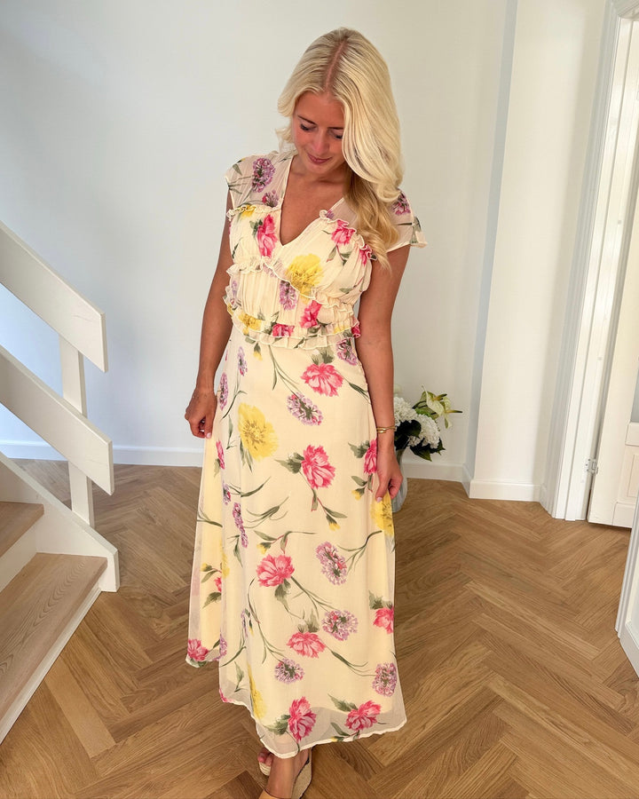 Only kjole valda ss long frill sandshell/big multi flower - FORUDBESTILLING LEV. UGE 23