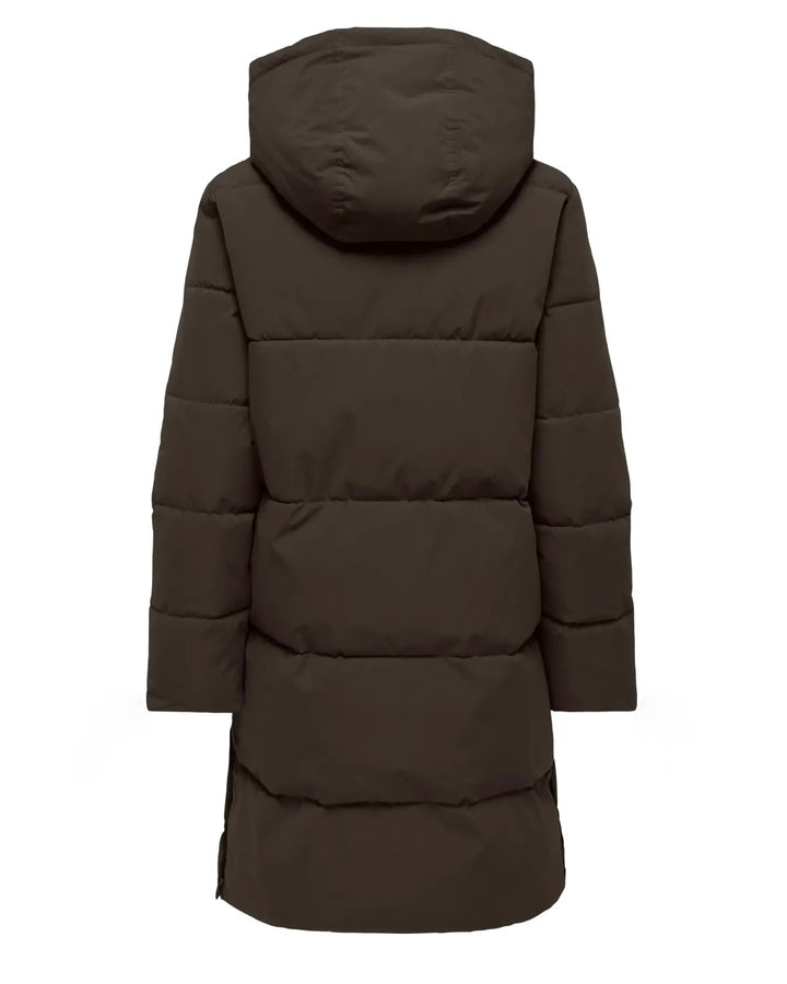 JDY jakke blair long hood puffer chocolate torte contrast black