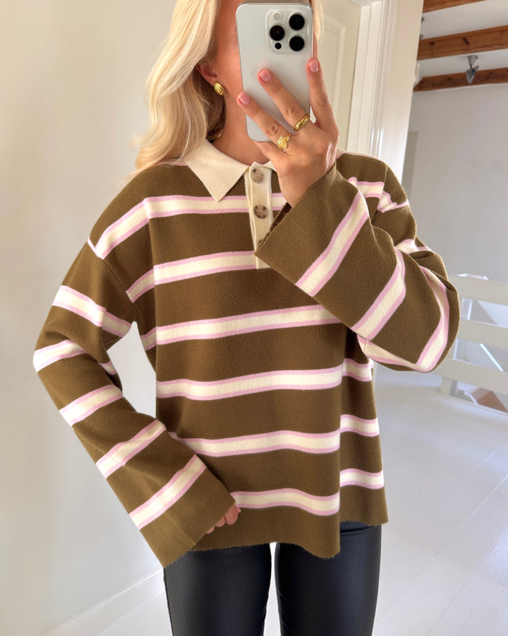 Y.A.S polo isabell ls fir green w. stripes