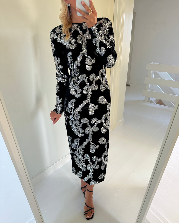 Y.A.S kjole florana ls long black/silver sequins