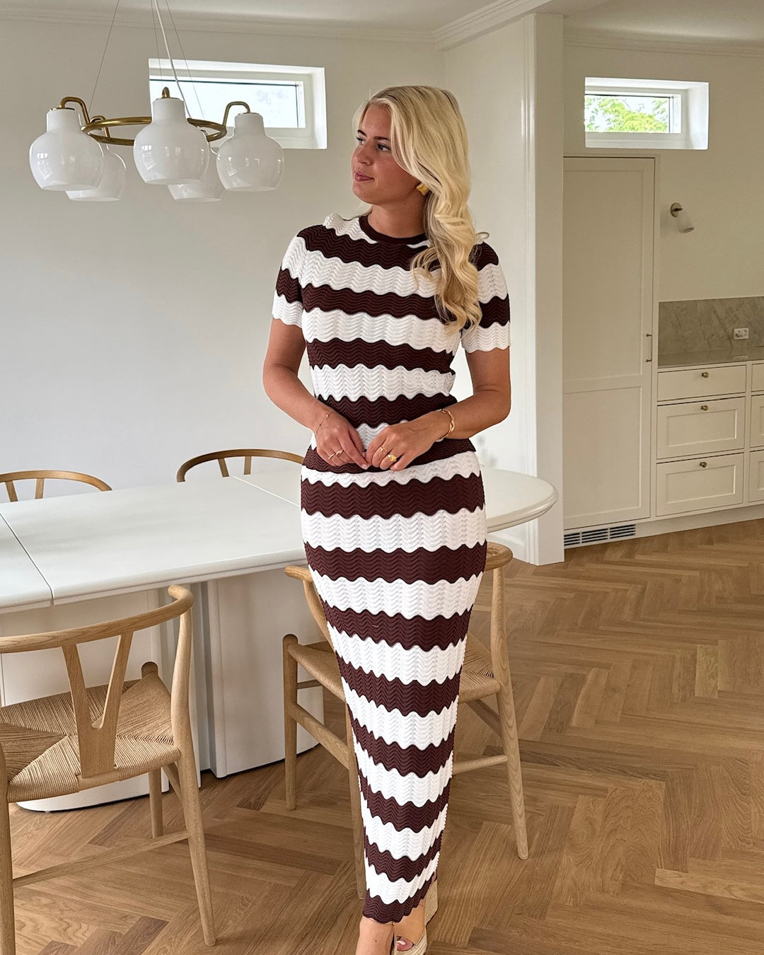 Y.A.S nederdel bee hw long knit birch w. brown stripes