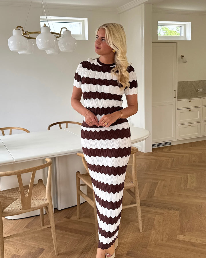 Y.A.S nederdel bee hw long knit birch w. brown stripes
