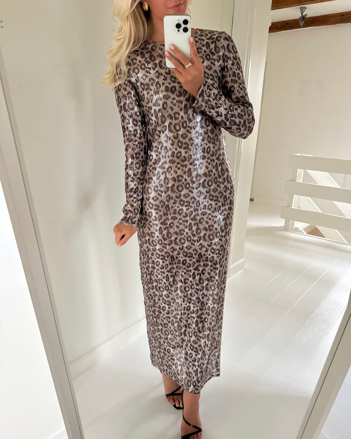 JDY kjole leona sequins ls long brown rice/leo