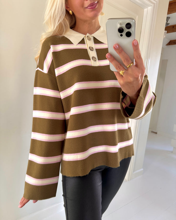 Y.A.S polo isabell ls fir green w. stripes