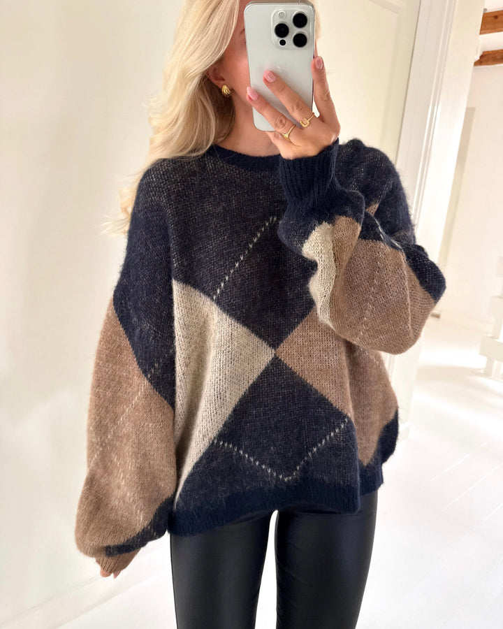 Only striktrøje noeme life ls o-neck knit night sky cocoa creme/biscotti/melange/argyle