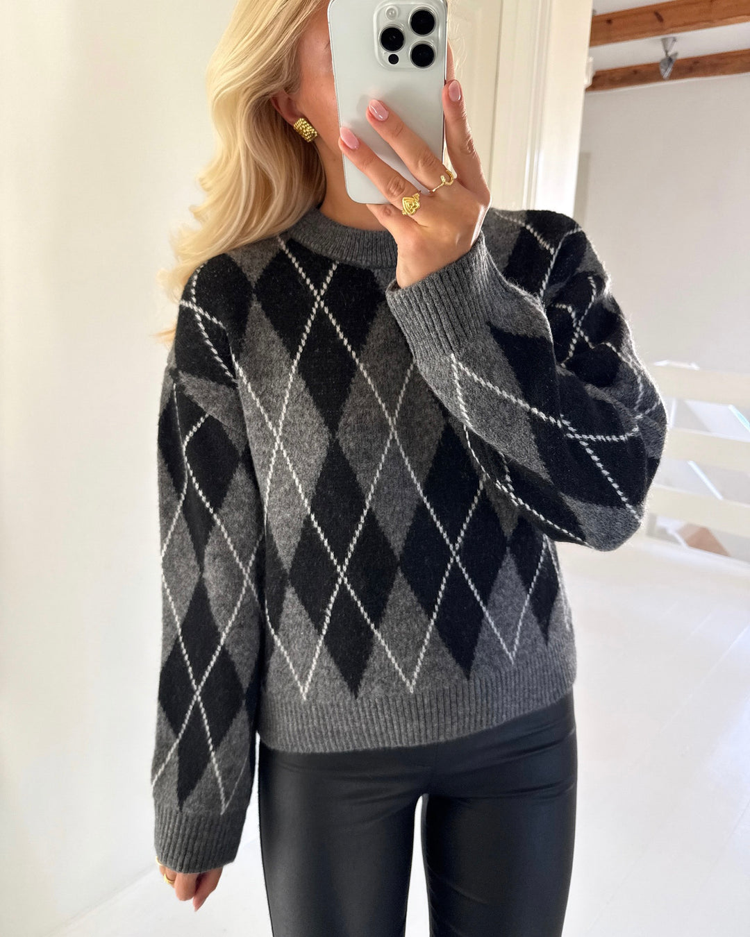JDY striktrøje bianka ls argyle knit dark grey melange argyle