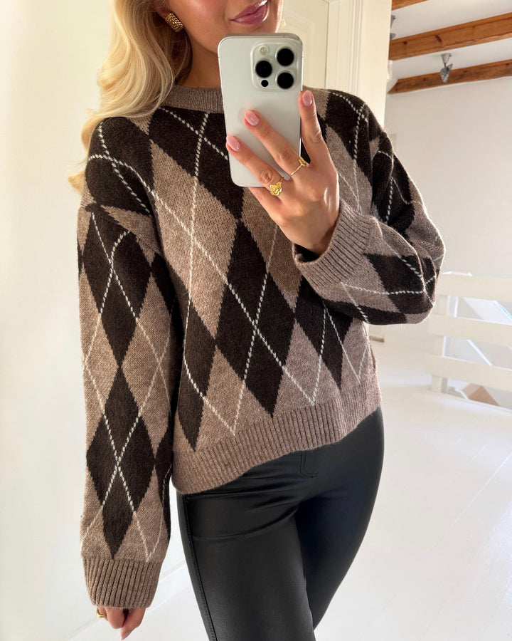 JDY striktrøje bianka ls argyle knit chocolate torte argyle