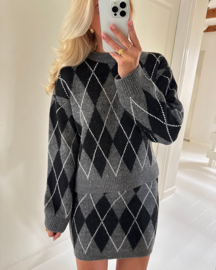 JDY nederdel bianka hw knit dark grey melange argyle