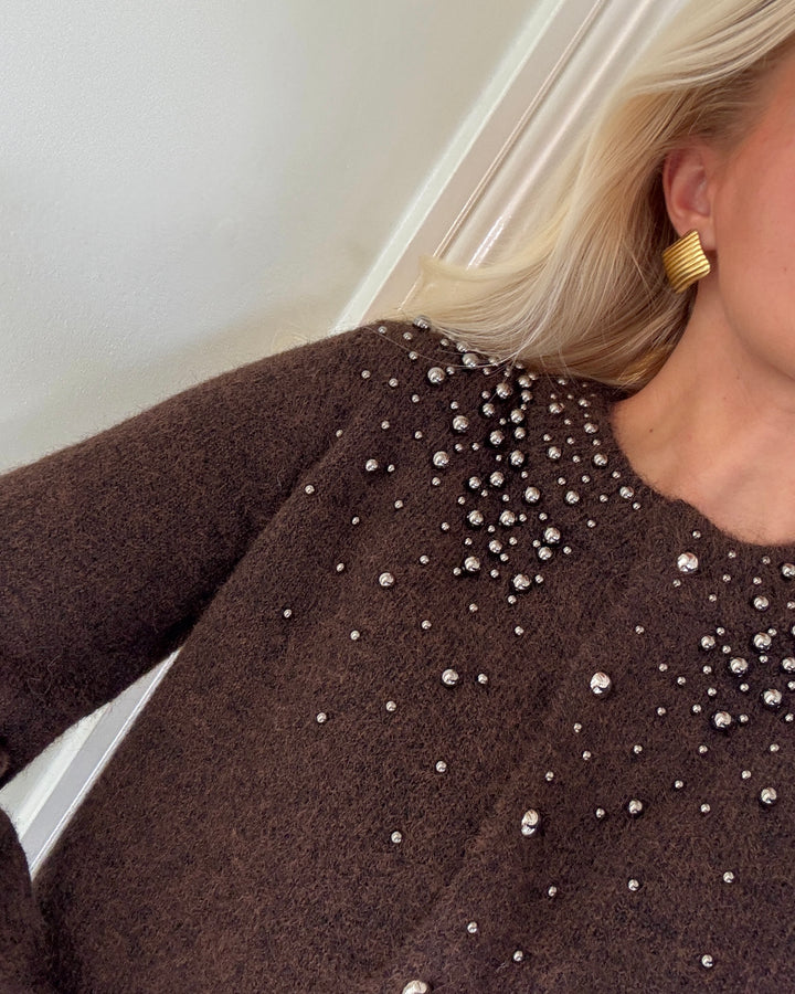 Only cardigan miggie ls o-neck pearl knit coffee bean melange/silver metal pearl