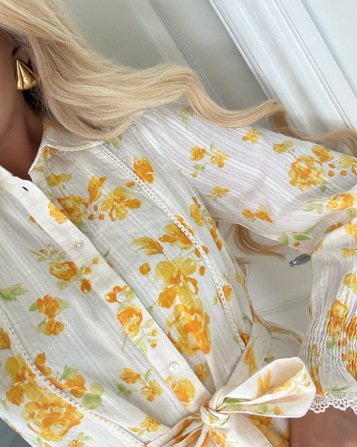 Vero Moda kjole gry ls detail short shirt wvn snow white/yellow