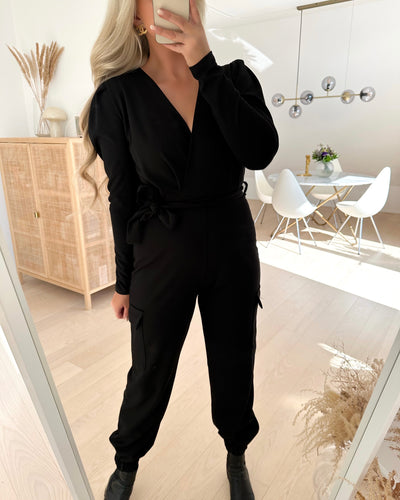 Girl-cargo long sleeved jumpsuit black