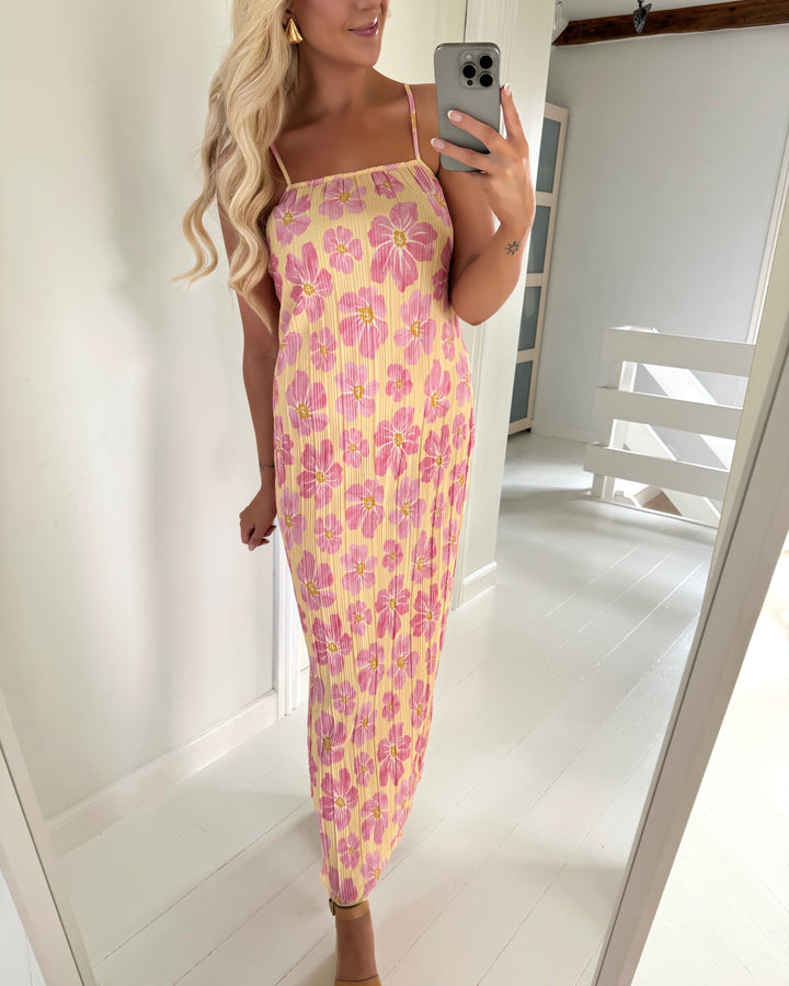 Pieces kjole amber sl maxi slip mellow yellow/pink flowers