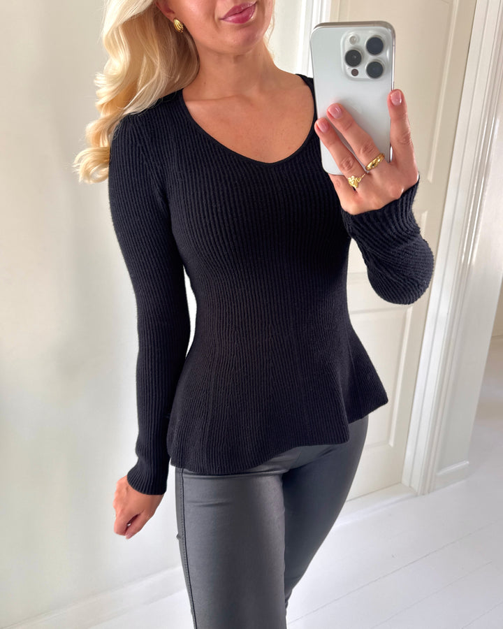 Only bluse ibi ls v-neck rib peplum knit black