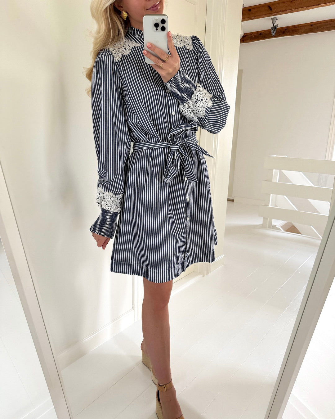 Y.A.S skjortekjole stria ls star white/blue