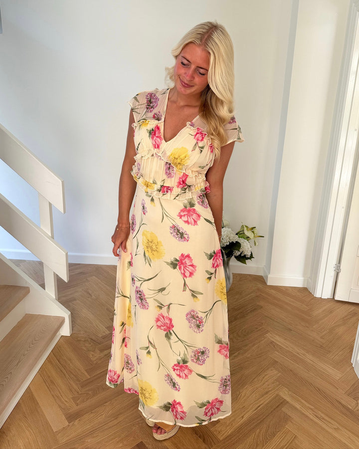 Only kjole valda ss long frill sandshell/big multi flower - FORUDBESTILLING LEV. UGE 23