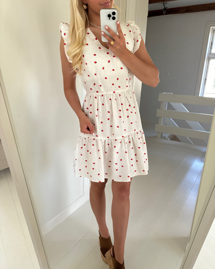 Vero Moda kjole odette sl frill short wvn ha lcs snow white/strawberry