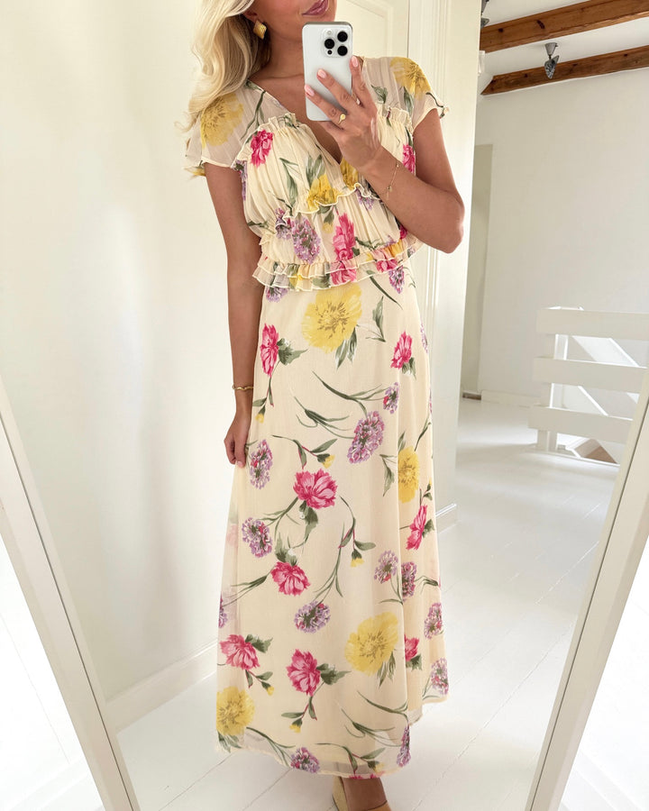 Only kjole valda ss long frill sandshell/big multi flower - FORUDBESTILLING LEV. UGE 20