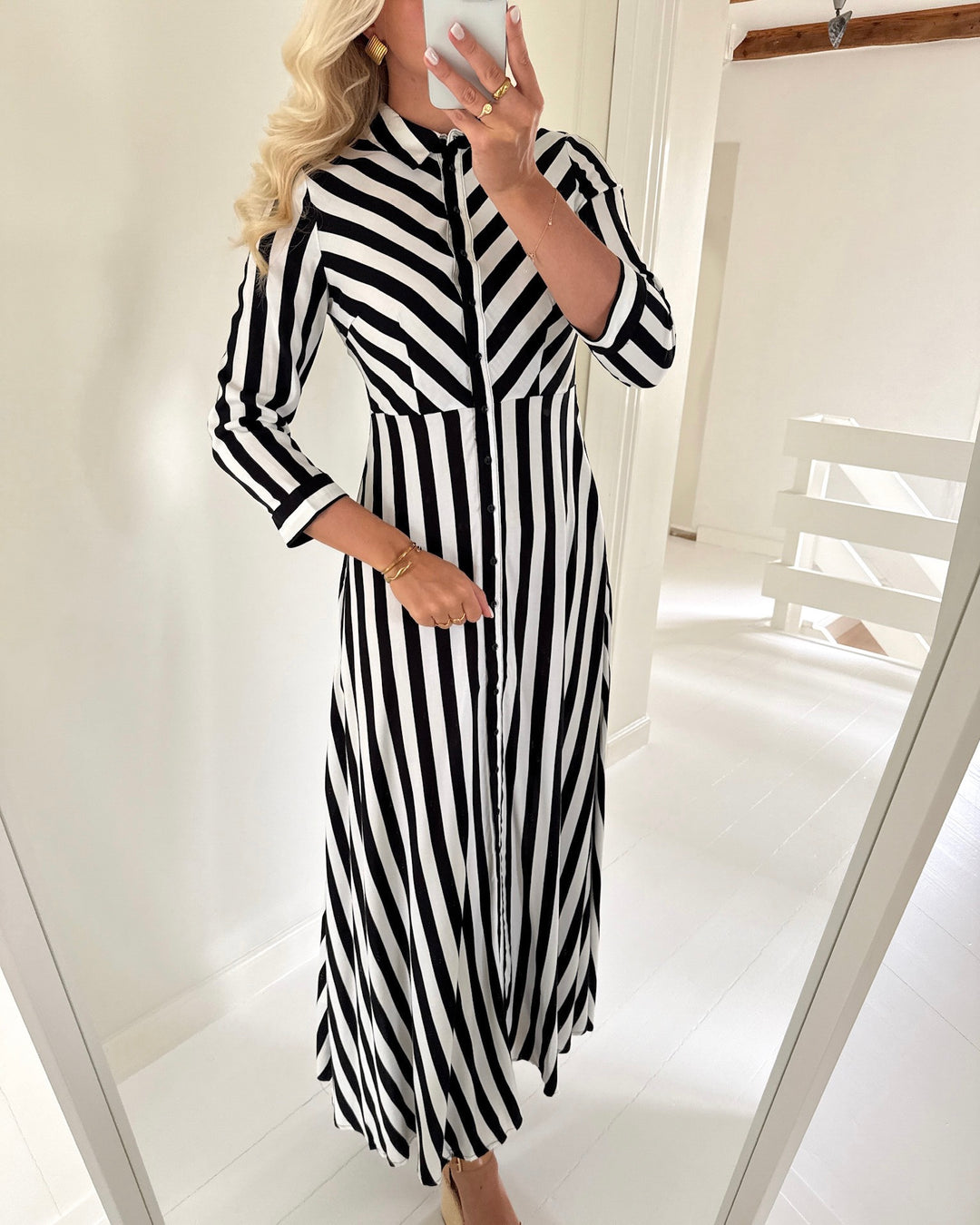 Y.A.S kjole savanna long shirt black/w. white stripes