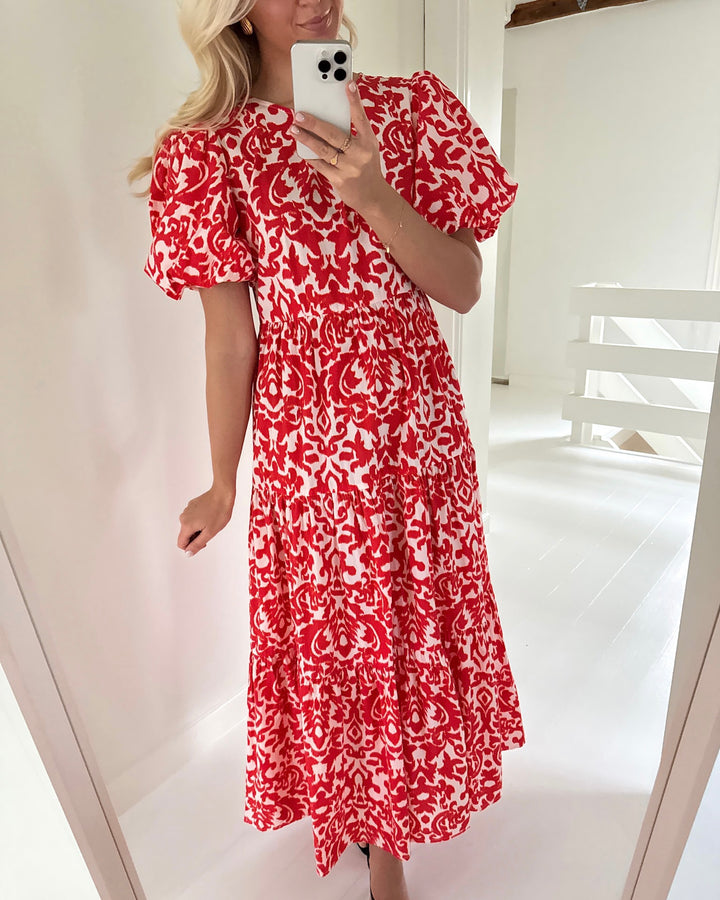 Y.A.S kjole greena ss ankle star white greena/cherry tomato