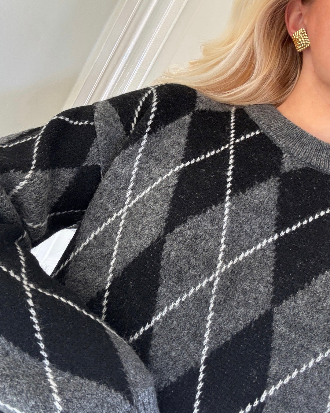JDY striktrøje bianka ls argyle knit dark grey melange argyle