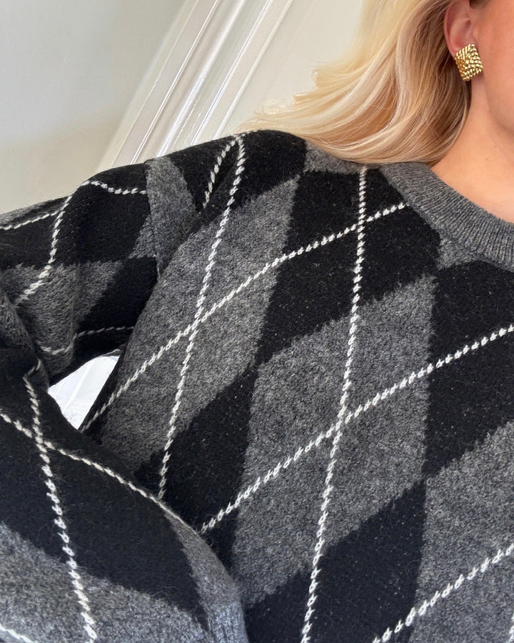 JDY striktrøje bianka ls argyle knit dark grey melange argyle