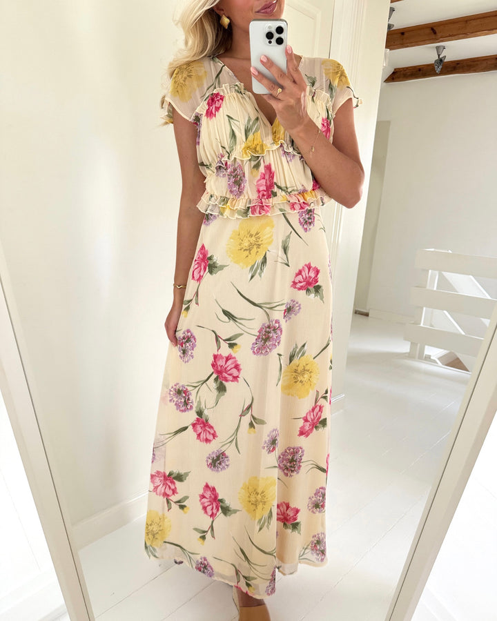 Only kjole valda ss long frill sandshell/big multi flower - FORUDBESTILLING LEV. UGE 20