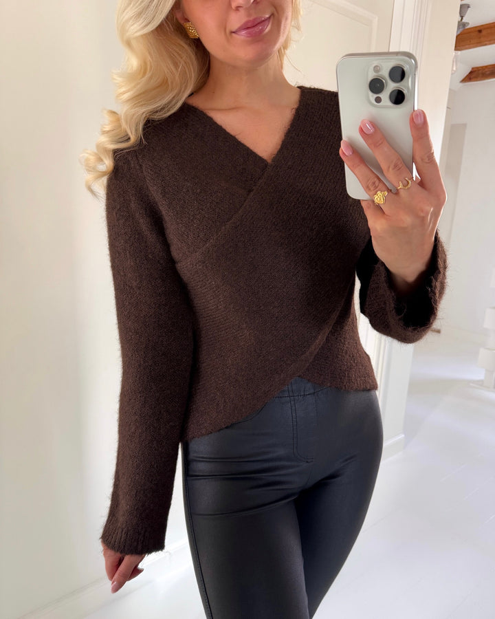 Only striktrøje maggie ls cross v-neck knit coffee bean melange