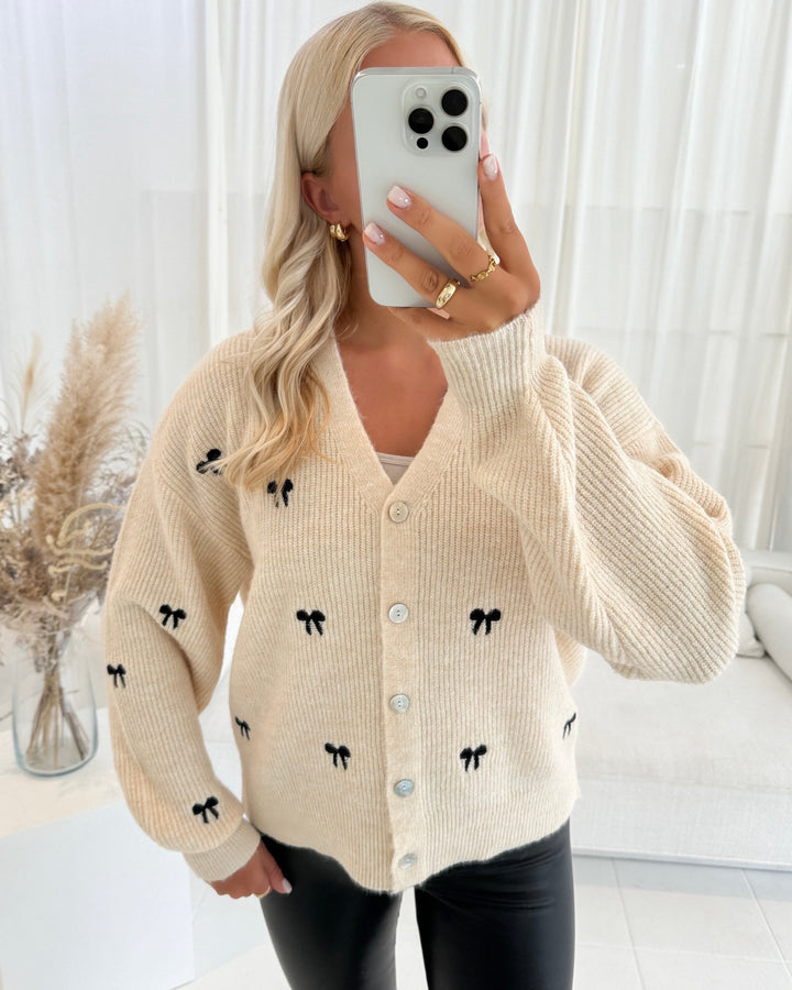 Y.A.S cardigan bow ls embroided knit s. birch/black bow