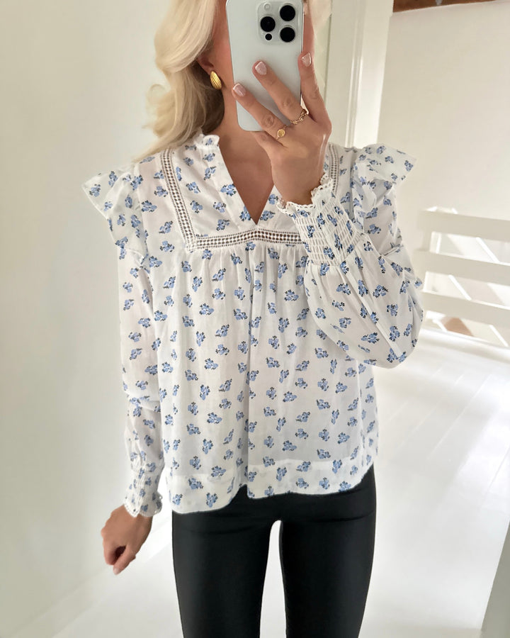 Only bluse idris ls frill cashmere blue mini floral