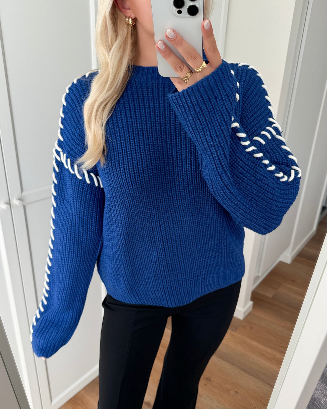 JDY striktrøje rosella l/s stitch sodalite blue/w. white stittch