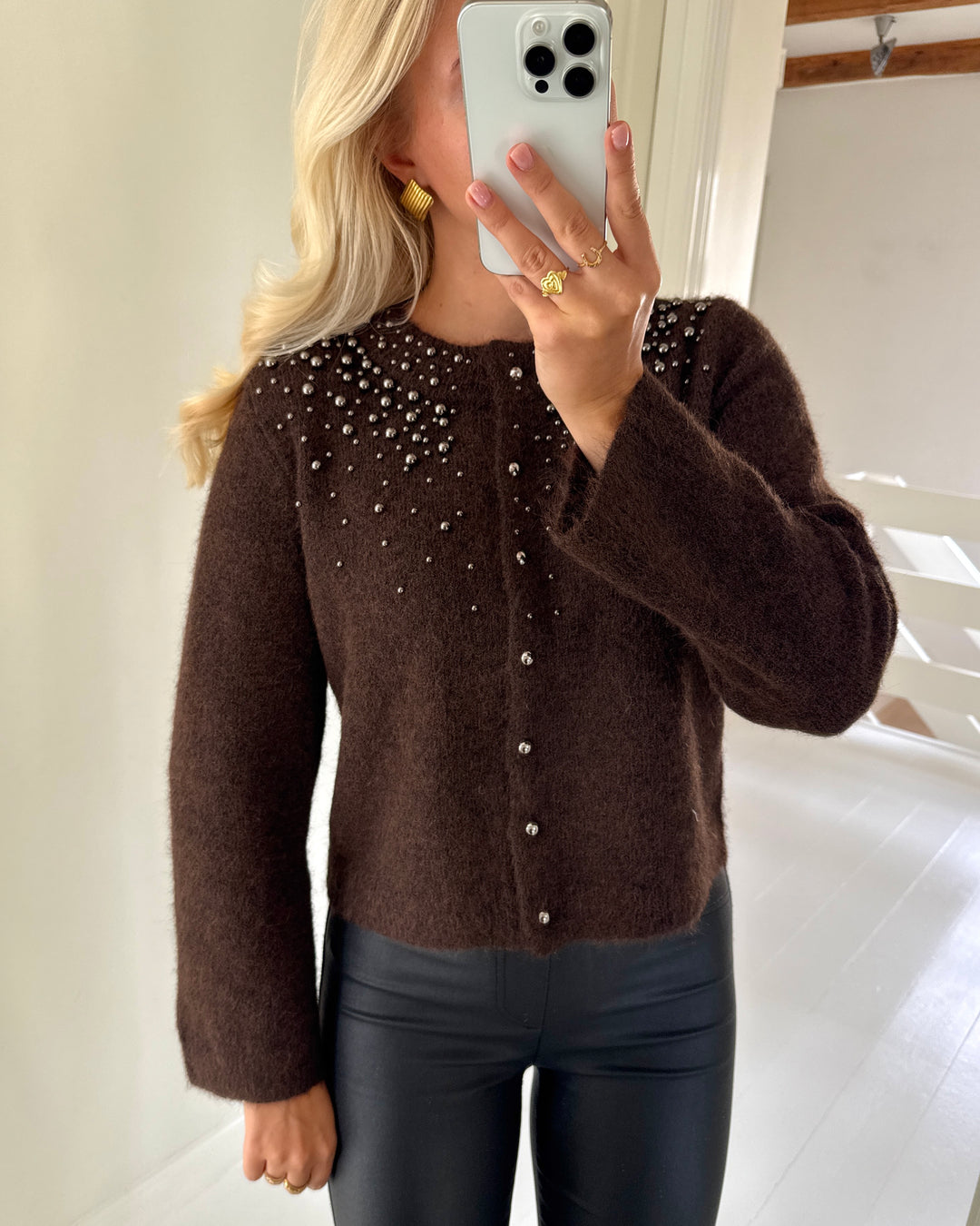 Only cardigan miggie ls o-neck pearl knit coffee bean melange/silver metal pearl