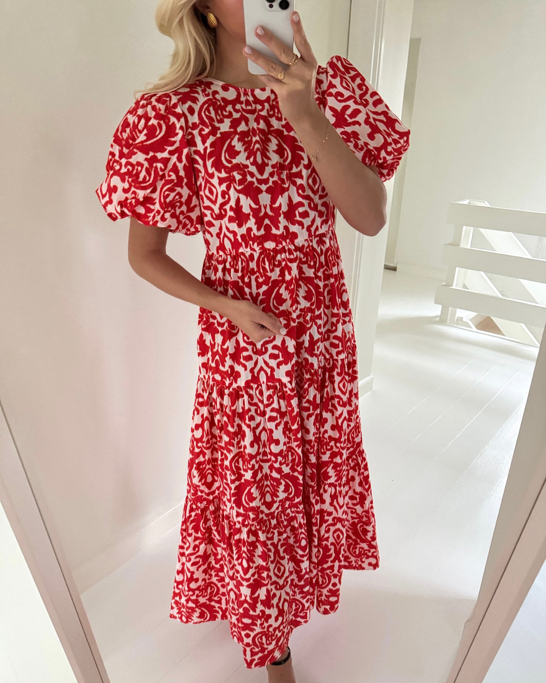 Y.A.S kjole greena ss ankle star white greena/cherry tomato