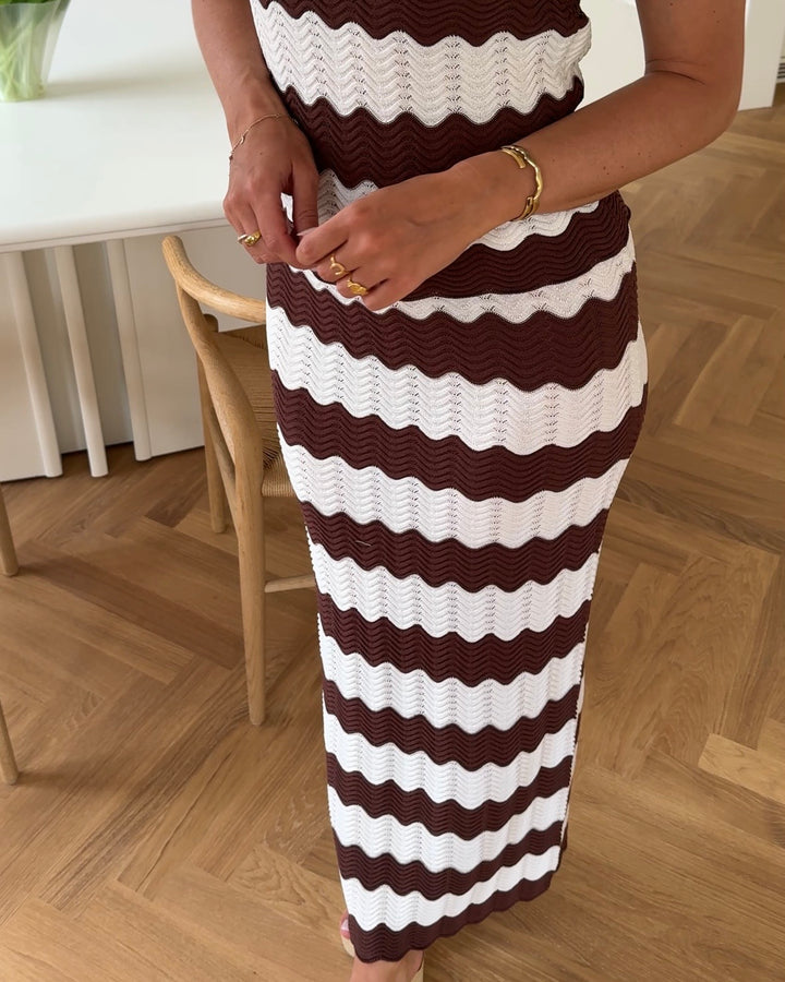 Y.A.S nederdel bee hw long knit birch w. brown stripes