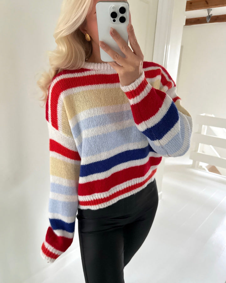 Pieces striktrøje olivia o-neck cloud dancer/goji-org-fvan-cabl-blui