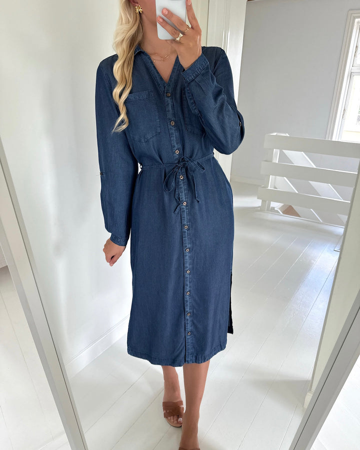 Only skjortekjole charis life ls belt dark blue denim