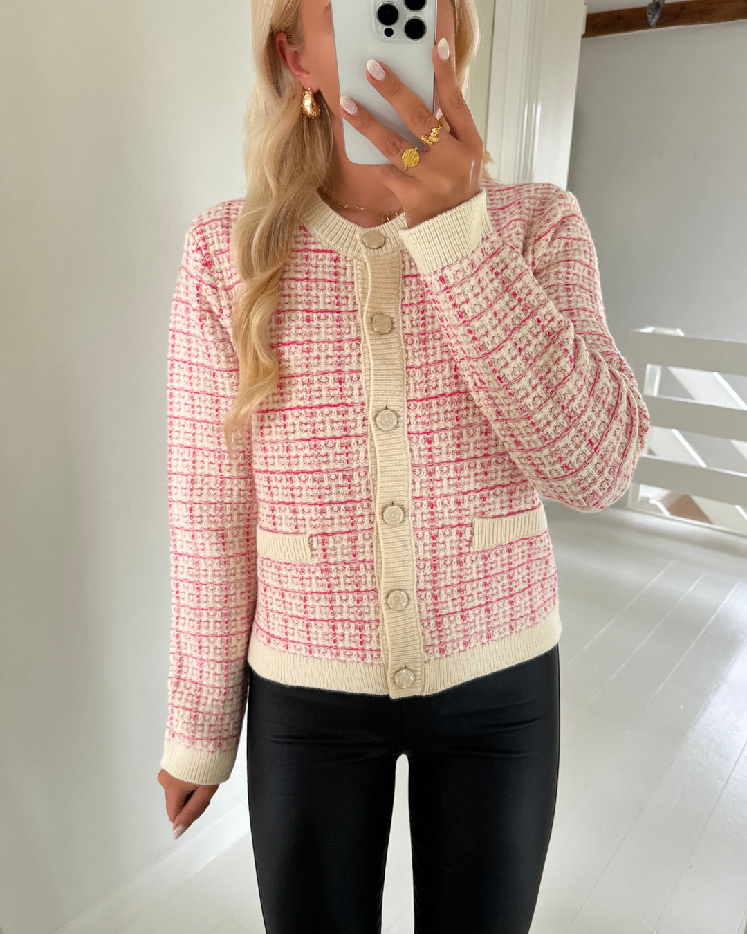 Y.A.S cardigan livia ls short knit birch/raspberry