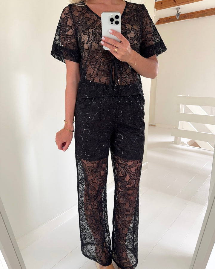 Pieces top louise 2/4 v-neck tie black