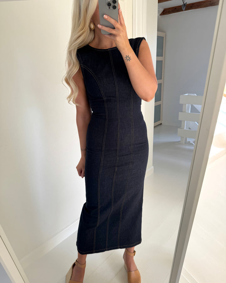 Pieces kjole franna sl long denim dark blue denim