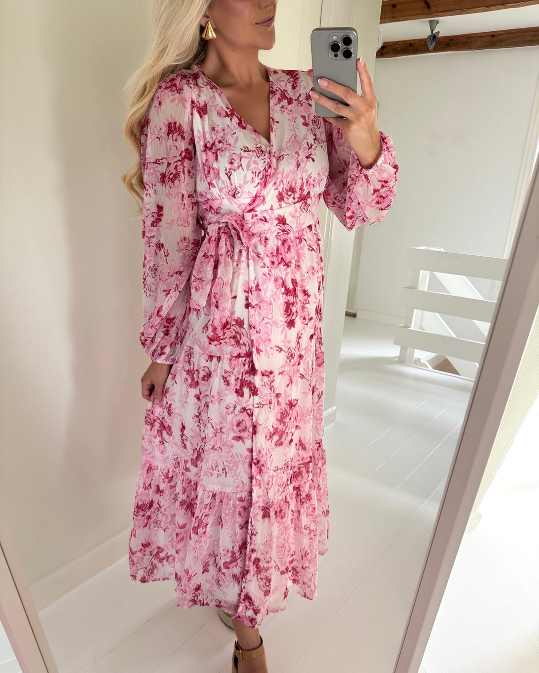 Only kjole miriam ls wrap midi pink marshmallow/porcelain flowers