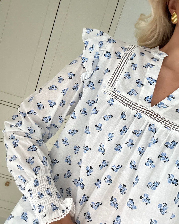 Only bluse idris ls frill cashmere blue mini floral