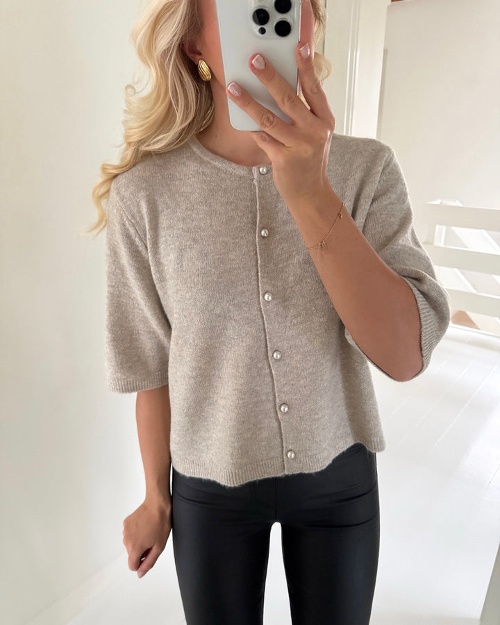 JDY cardigan rue life 2/4 pearl chateau gray/melange w. white pearl buttons