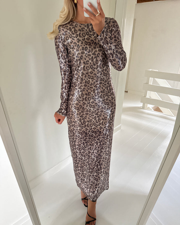 JDY kjole leona sequins ls long brown rice/leo