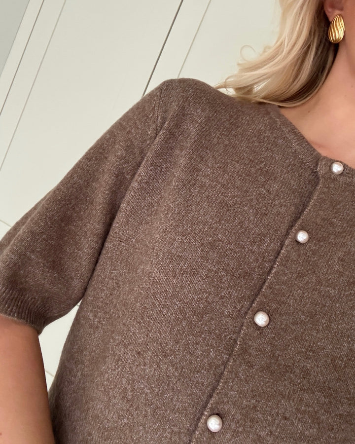 JDY cardigan rue life 2/4 pearl caribou/melange w. white pearl button