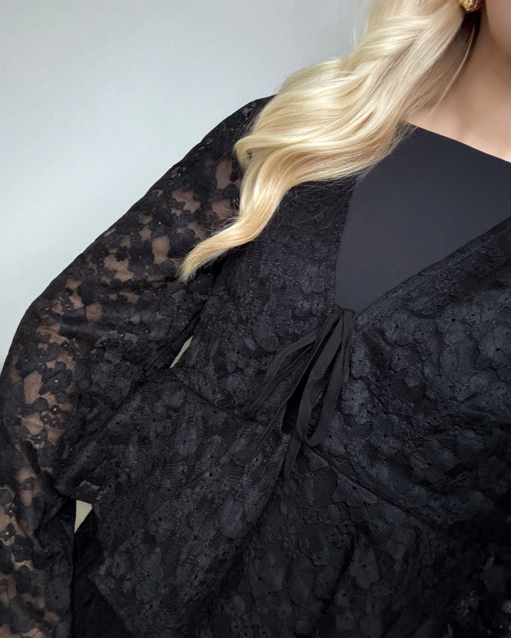 Pieces bluse fiora ls v-neck lace black