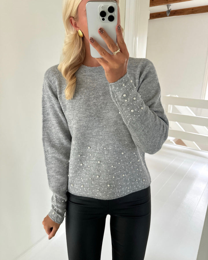 JDY striktrøje pearl ls o-neck pearl light grey melange/white pearl