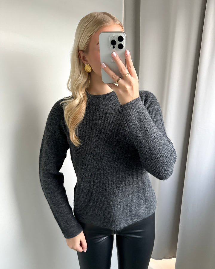 Pieces striktrøje ellen ls o-neck dark grey melange