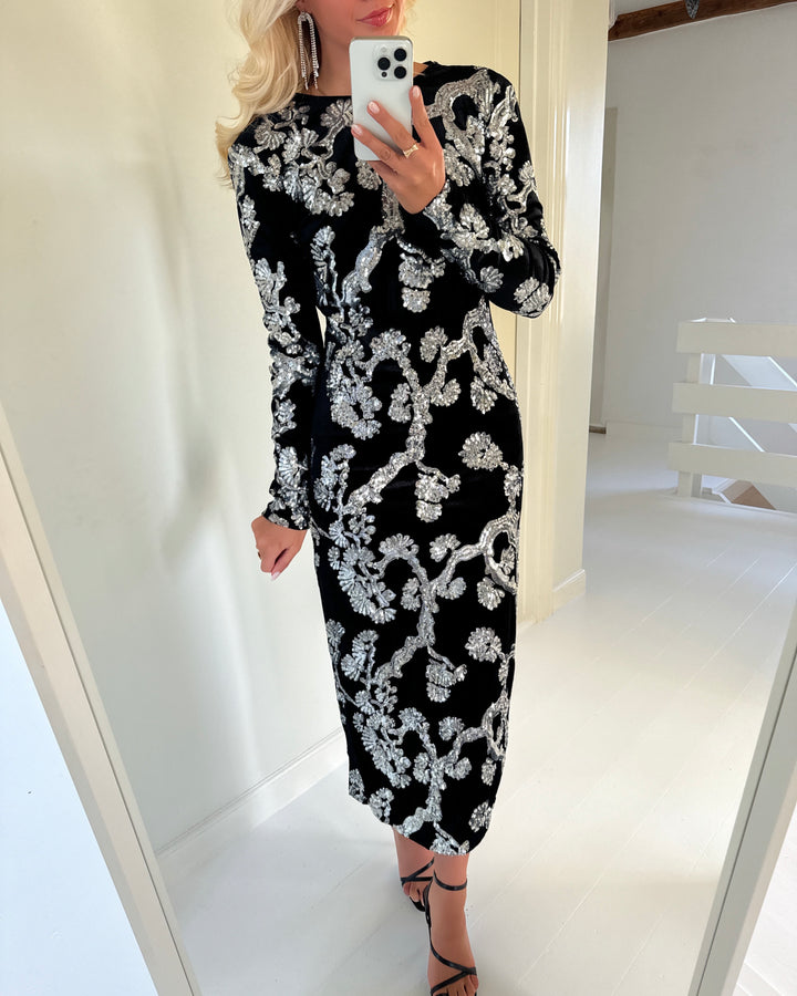 Y.A.S kjole florana ls long black/silver sequins